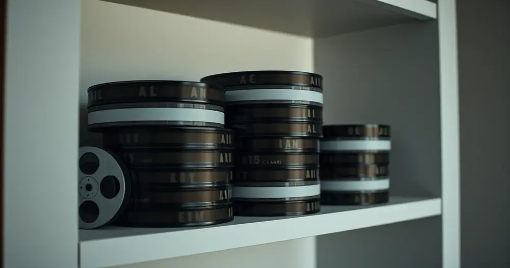 rolos de filme empilhados em prateleira de ambiente escuro